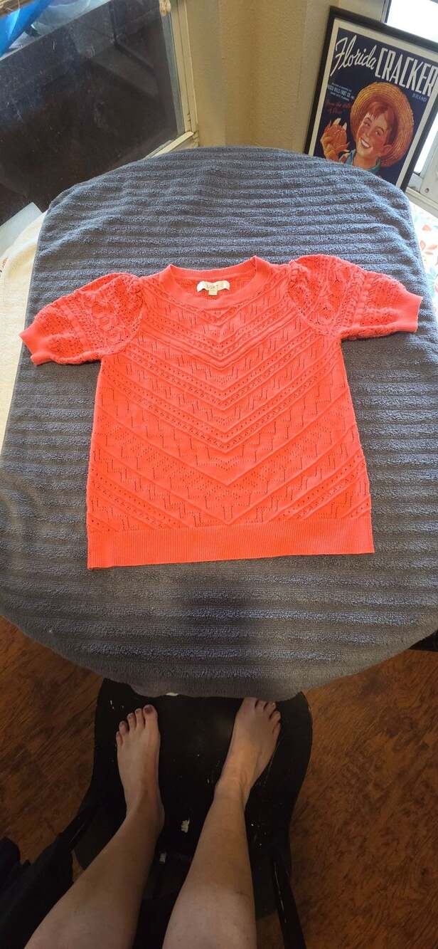LOFT Short Sleeve Pointelle Sweater Size S Coral